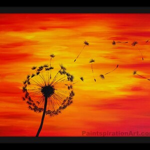 Dandelion Print Sunset Painting - Red Orange Yellow Dandelion Painting - Dandelion Art Print Silouhette Art - Acrylic Painting Print image 2
