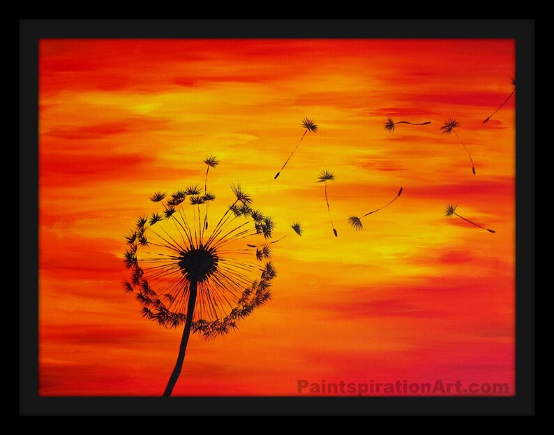 Dandelion Print Sunset Painting - Red Orange Yellow Dandelion Painting - Dandelion Art Print Silouhette Art - Acrylic Painting Print image 2