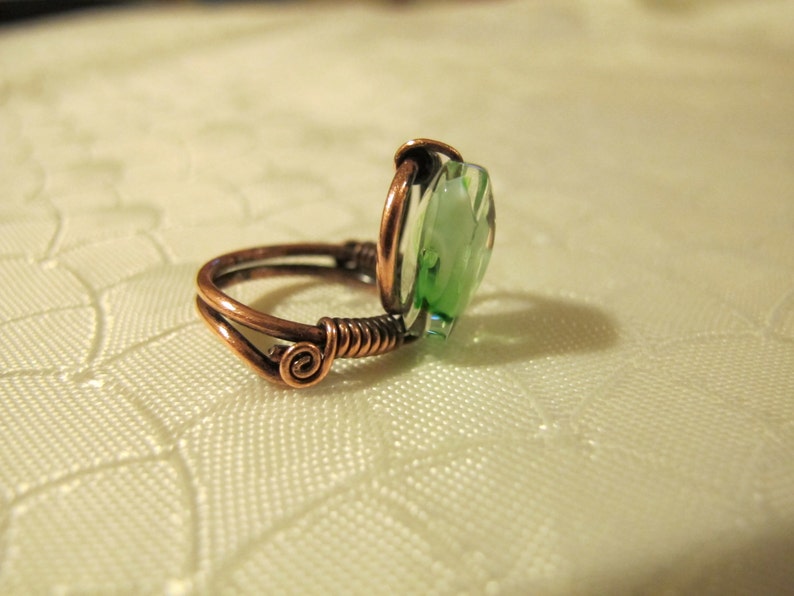 Handmade Ring set with a Green Glass Bead Spiral wiring. Green Ring Copper Wire Wrapped Ring Unique Design