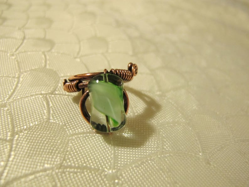 Handmade Ring set with a Green Glass Bead Spiral wiring. Green Ring Copper Wire Wrapped Ring Unique Design