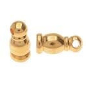 May include: Two gold-toned metal bead caps with a round top and a loop on one end. The caps are used for jewelry making.