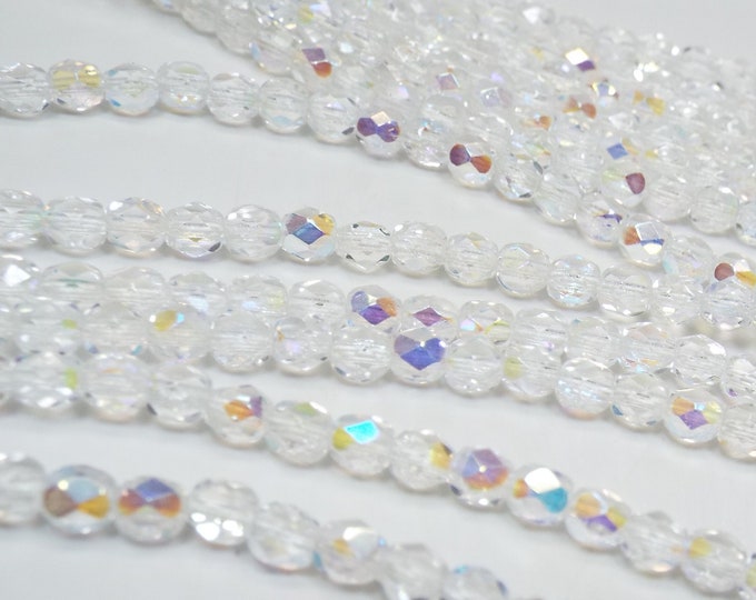 4MM Fire Polished Czech Glass Beads,  Crystal AB - Aurora Borealis, Rainbow Beads.Glass Bead Strand of 100