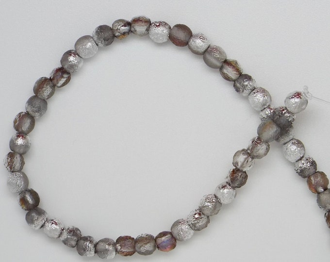 4mm Smooth Druk, ETCHED MISTY SILVER, 50 Beads per Strand