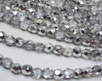 4MM Fire Polished Czech Glass Beads, Crystal Silver Rainbow- Aurora Borealis,  Glass Bead Strand of 40 beads