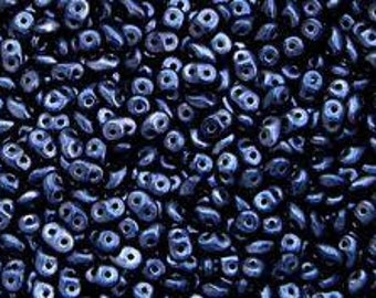 SuperDuo Czech Glass Two Hole Beads,  METALLIC STEEL BLUE Seed Beads, 10 grams 2.5x5mm