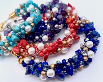 KIT, ROCKS and PEARLS, Kumihimo Chunky Gemstone Bracelet, Complete Kit, Choose, Red Coral, Lapis, Turquoise, Amethyst