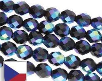 4MM Fire Polished Czech Glass Beads, Jet Full AB, Czech Shield Rainbow- Aurora Borealis,  Glass Bead Strand of 40 beads