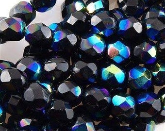 4MM Fire Polished Czech Glass Beads,  Jet AB - Aurora Borealis, Rainbow Beads Black Glass Bead Strand of 100