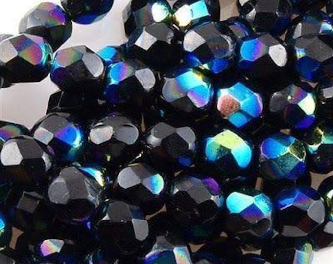 4MM Fire Polished Czech Glass Beads,  Jet AB - Aurora Borealis, Rainbow Beads Black Glass Bead Strand of 100