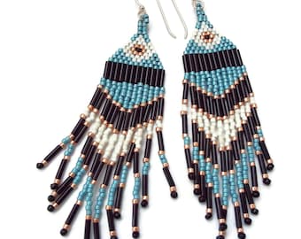 Beaded Fringe Earrings, Southwest Style, Native American, Long Dangles, Boho, Hippy