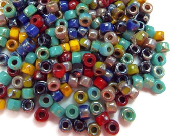6/0 Matubo 3-cut Seed Beads, Colorful Picasso Mix, 10 grams