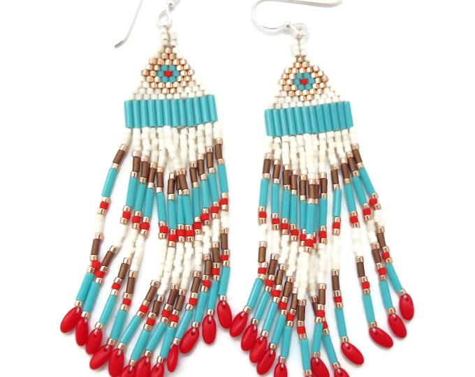 Beaded Fringe Earrings, Southwest Style, Native American, Long Dangles, Boho, Hippy