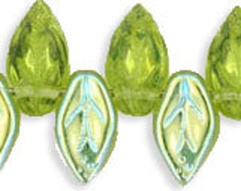 Leaf Beads, 10x5mm, Olivine AB, Czech Glass,  25 Beads per strand