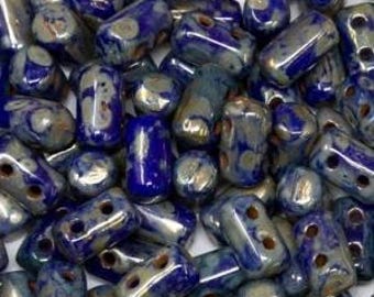 RULLA 2 Hole Bead, Blue Silver Picasso , Czech Matubo, 3 x 5mm, 20 Grams