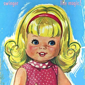 Poupée en papier rétro vintage 1969 Swingy PDF et JPEG téléchargement numérique instantané des années 60 Clip Art petite fille jouet d'enfance mignon Reproduction amusante