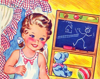 May include: A young girl in a white dress with a pink bow stands in a room with a wooden chair, a small chalkboard, and a black and white puppy. The chalkboard has a drawing of a house and a stick figure on it. The puppy is sitting on a blue and green rug.