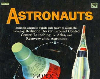 Vintage Paper Toy astronautes, poupées en papier imprimables jouets spatiaux rétro éducatifs PDF et JPEG 1961 Reproduction historique Clip Art fusées