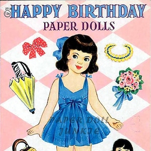 Vintage papieren poppen schattig klein meisje clip art Happy Birthday papieren poppen Instant Download PDF en JPEG Retro jaren 1950 kitscherig digitaal
