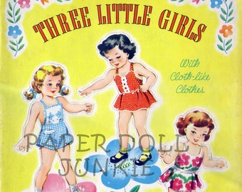 Vintage Paper Dolls Clip Art Three Little Girls with Cloth-Like Clothes Who Grew and Grew Instant Download PDF Printable JPEG Digital Retro