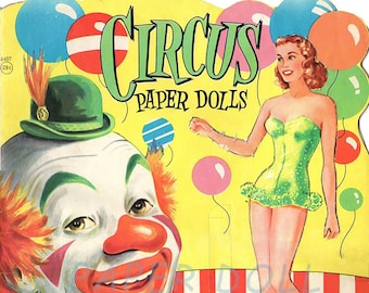 Muñecas de papel de circo vintage Saalfield 1952 Descarga instantánea Muñeca de papel digital imprimible Circo Clip Art Payasos Disfraces Maestro de ceremonias y más