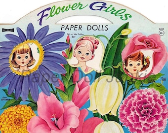 Descarga instantánea de muñecas de papel vintage, imágenes prediseñadas de muñecas de papel de niñas de las flores, muñecas de papel de 1960, muñecas de papel retro, muñecas de papel digitales.