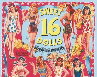 Printable Paper Dolls, Instant Download Vintage Paper Dolls, 1944 Paper Dolls, Sweet 16 paper dolls, 16 girl dolls clip art