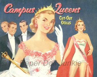 Printable PDF Retro Paper Dolls, Instant Download Paper Dolls, Campus Queens Paper Dolls, 1950s Paper Dolls JPEG Digital Paper Dolls Vintage