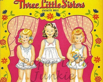 Vintage Paper Doll Set, Three Little Sisters, 1940s Paper Dolls, Instant Download Printable Paper Dolls, PDF and JPEG, Little Girl Clip Art