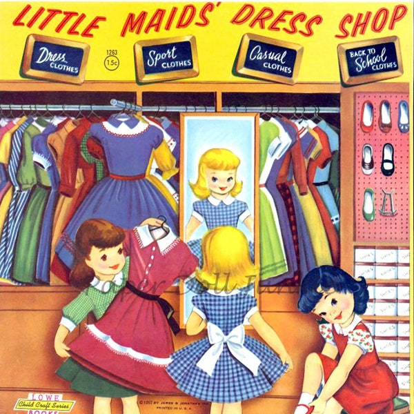 Vintage Paper Dolls, Little Maids Dress Shop, 1957 Paper Dolls, Printable Paper Dolls, PDF and JPEG Printables, Little Girl Clip Art