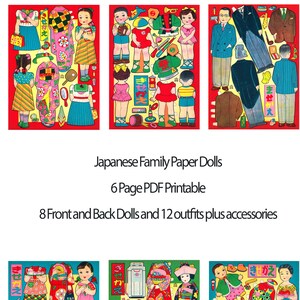 Op de afbeelding: Een set van zes printbare papieren poppen met een Japans gezin. De poppen zijn gekleed in traditionele Japanse kleding en bevatten accessoires. De poppen zijn klaar om uit te knippen en mee te spelen.