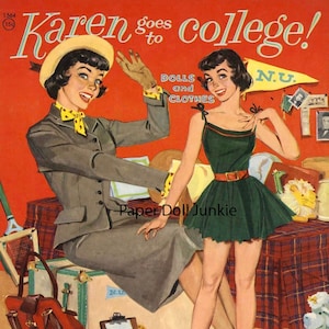 Bambole di carta stampabili, Karen va al college, Download istantaneo file PDF e JPEG, Bambole di carta vintage, Bambole di carta 1955, Bambole di carta retrò