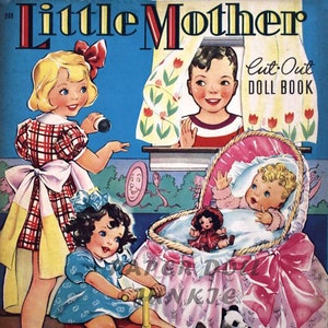 Little Mother Vintage Paper Dolls PDF imprimible, JPEG, Clip Art para niños, muñecas de papel retro de la década de 1940, descarga instantánea, imprimir en casa