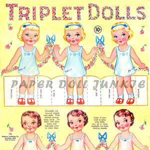 Muñecas de papel triplete, clip art vintage para niñas, descarga instantánea de PDF imprimible, clip art para niños pequeños, muñecas de papel digitales vintage, JPEG