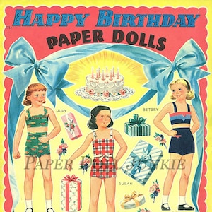 Buon compleanno bambole di carta vintage, bambole di carta del 1952, bambole di carta Saalfield, clip art di bambole di carta retrò