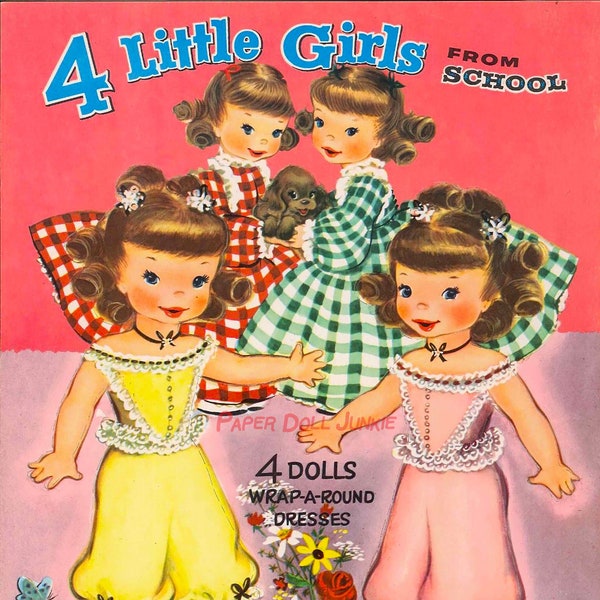 1957 Vintage Paper Doll Set Instant Download - 4 Little Girls from School - Vintage Clip Art - Wrap-Around Dresses