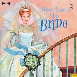 Jaren 60 vintage Paper Doll afdrukbare illustraties Instant Download Vintage bruiloft Here Comes the Bride pdf en jpeg digitale download Retro Bride