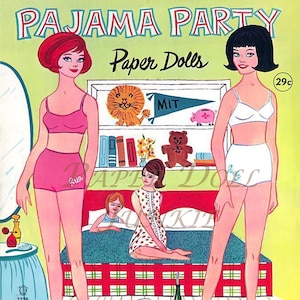 Muñecas de papel vintage para fiestas de pijamas, imágenes prediseñadas para adolescentes, descarga digital instantánea en formato PDF y JPEG, estilo retro, años 60, para imprimir, para hacer álbumes de recortes