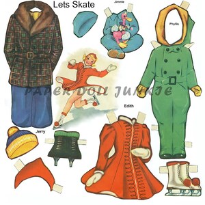 May include: A vintage paper doll set featuring a girl ice skating with a red and white outfit, a green winter suit, a plaid coat, and various accessories. The set includes the text "Lets Skate".