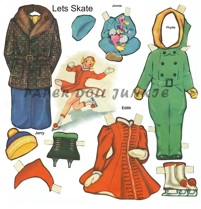 May include: A vintage paper doll set featuring a girl ice skating with a red and white outfit, a green winter suit, a plaid coat, and various accessories. The set includes the text "Lets Skate".