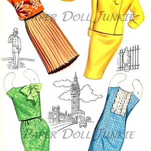 May include: A paper doll set with five outfits, including a yellow dress and jacket, a green dress with a bow, a blue and white gingham dress, an orange top and a brown skirt, and a yellow hat. The doll is standing in front of a black and white illustration of Big Ben and the Houses of Parliament in London.