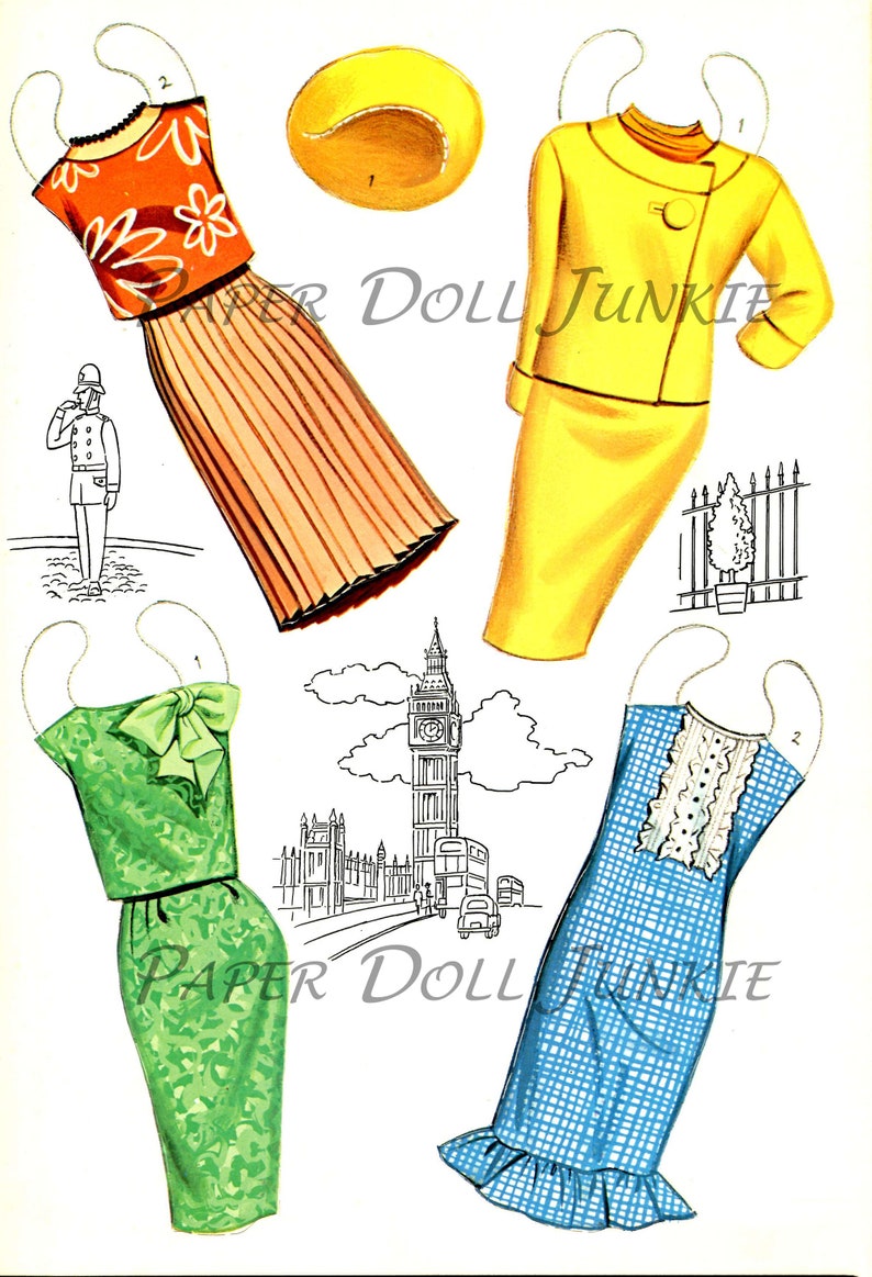 May include: A paper doll set with five outfits, including a yellow dress and jacket, a green dress with a bow, a blue and white gingham dress, an orange top and a brown skirt, and a yellow hat. The doll is standing in front of a black and white illustration of Big Ben and the Houses of Parliament in London.