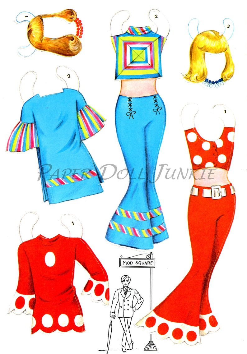 May include: A paper doll set featuring a range of outfits, including a blue dress with colourful stripes, a red top with white polka dots, and a pair of blue bell-bottom trousers with colourful stripes. The set also includes a yellow wig, a geometric patterned top, and a red skirt with white polka dots. The paper doll set is labelled "Mod Square".