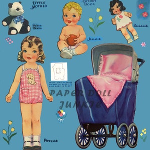 May include: A vintage paper doll set featuring a blue stroller, a little girl doll named Phyllis, and three baby dolls named Jimmie, Rosalie, and Peter Panda. The dolls are dressed in pink and white clothing. The set includes instructions for assembling the dolls and stroller.