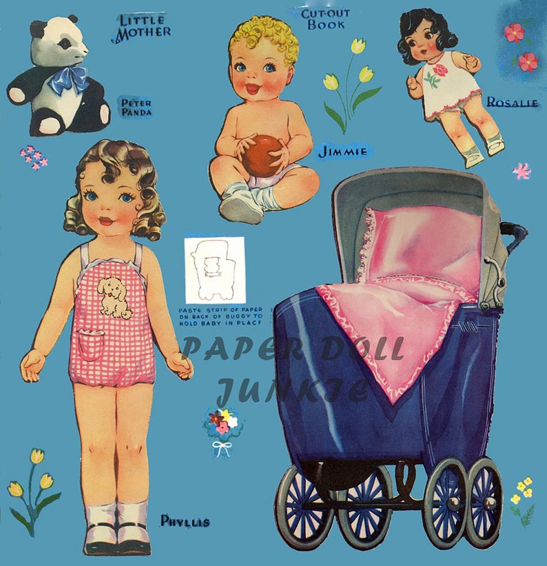 May include: A vintage paper doll set featuring a blue stroller, a little girl doll named Phyllis, and three baby dolls named Jimmie, Rosalie, and Peter Panda. The dolls are dressed in pink and white clothing. The set includes instructions for assembling the dolls and stroller.
