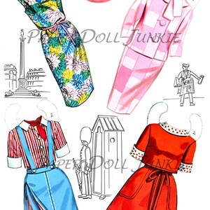 May include: A paper doll set featuring four different outfits. The outfits include a floral dress, a pink gingham dress, a red dress with white polka dots, and a blue and red striped shirt with a blue skirt. The paper doll set also includes a pink hat.