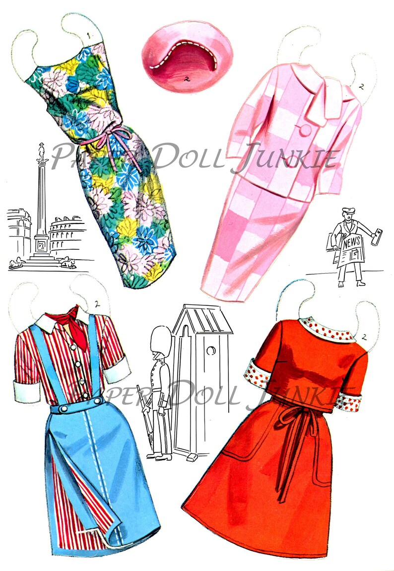 May include: A paper doll set featuring four different outfits. The outfits include a floral dress, a pink gingham dress, a red dress with white polka dots, and a blue and red striped shirt with a blue skirt. The paper doll set also includes a pink hat.