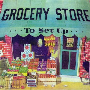 Vintage Paper Toys Grocery Store to Set Up 1937 Clip Art Kids Crafts Imaginative Play Digital Download Miniatures Printable Toys Paper Dolls