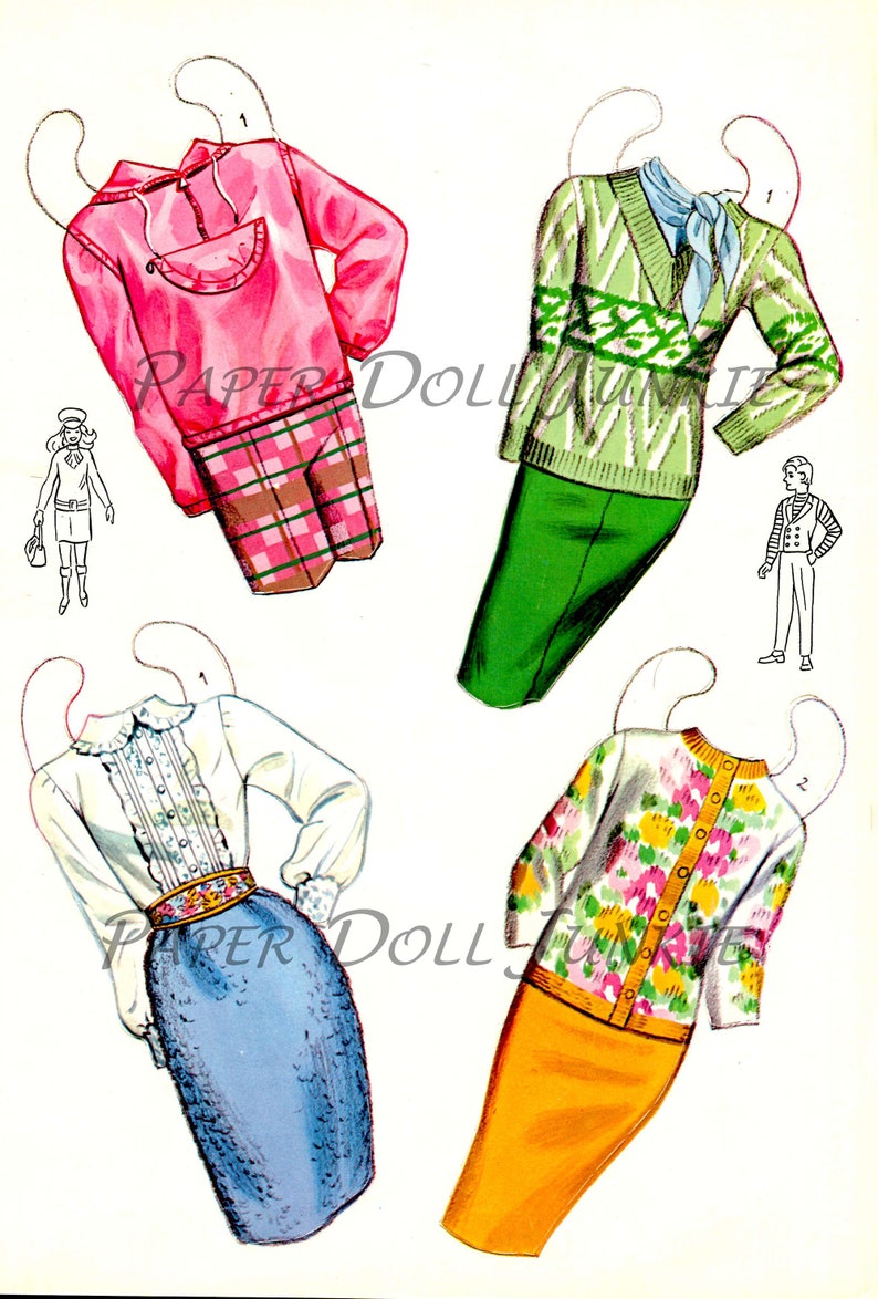 May include: A set of paper doll clothes featuring a pink hooded sweatshirt with a plaid skirt, a green sweater with a green skirt, a white blouse with a blue skirt, and a floral sweater with an orange skirt.
