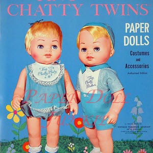 May include: A vintage paper doll set featuring Tiny Chatty Twins. The dolls are dressed in blue and white outfits with matching accessories. The set includes costumes and accessories for the dolls. The dolls are ready to punch out and play.