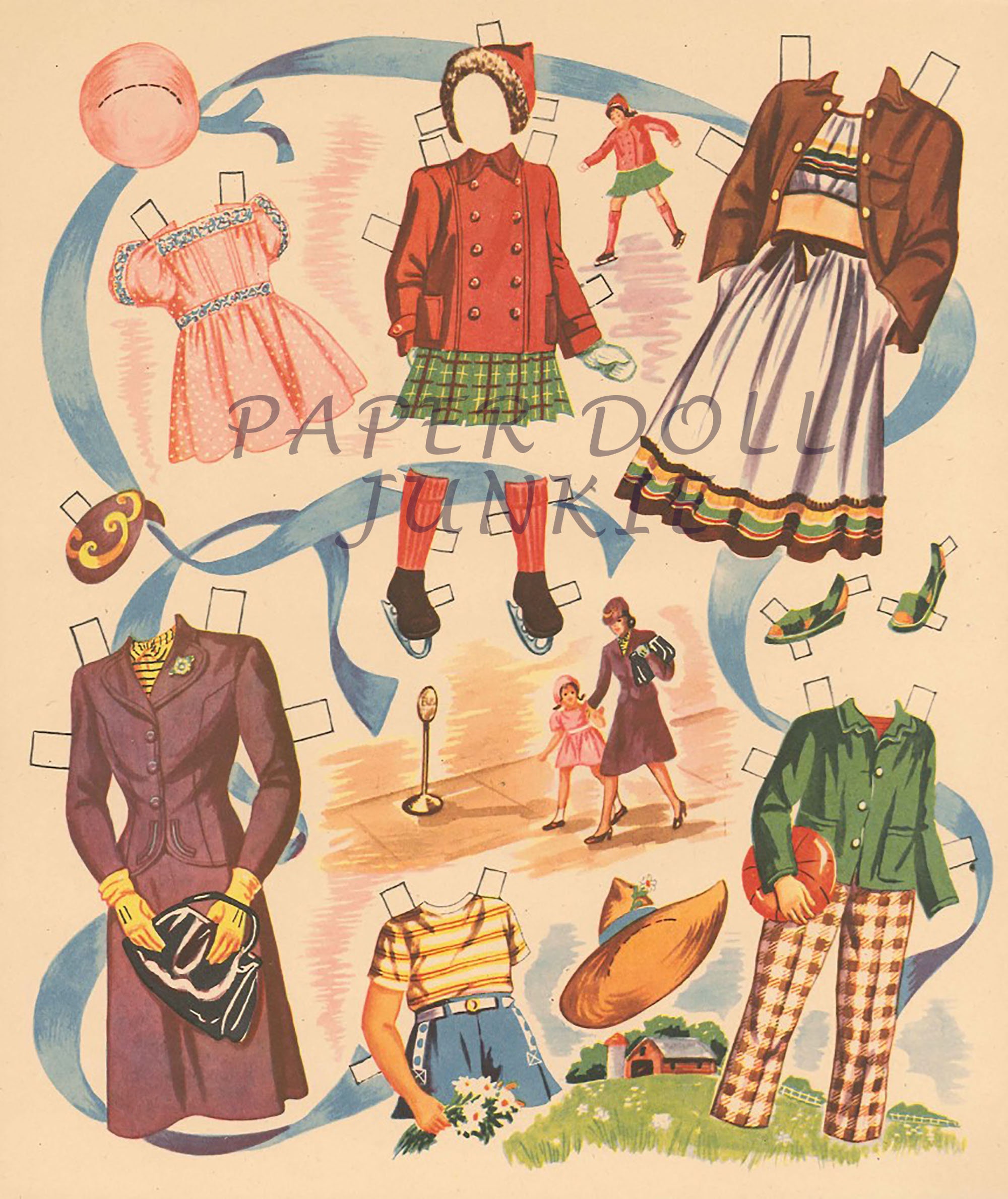 Paper Dolls Printable, Digital Paper Dolls, Mother, Dad and Us Kids, 1949 Paper Dolls, Family